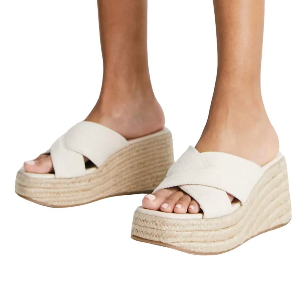 ASOS Design Teddy 2 Cross Strap Wedges in Natural Fabrication, Size 8